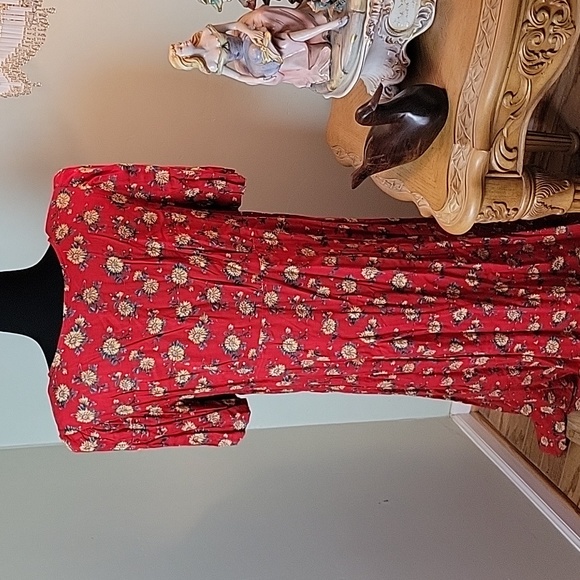 80s red sunflower maxi length summer dress with sleeves - Picture 4 of 6